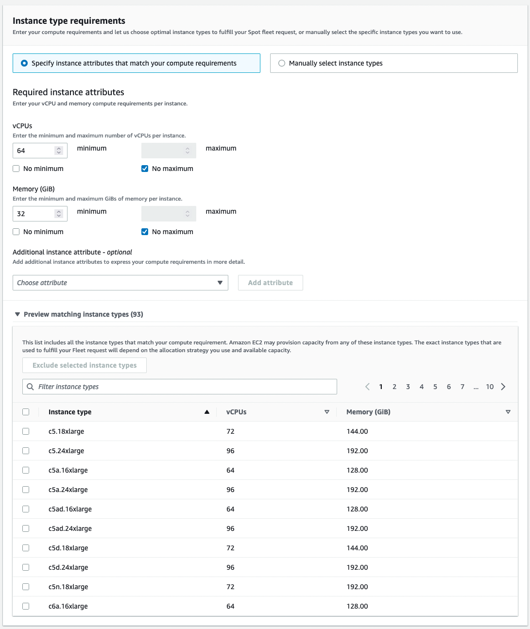 Example spot request using instance attributes instead of types